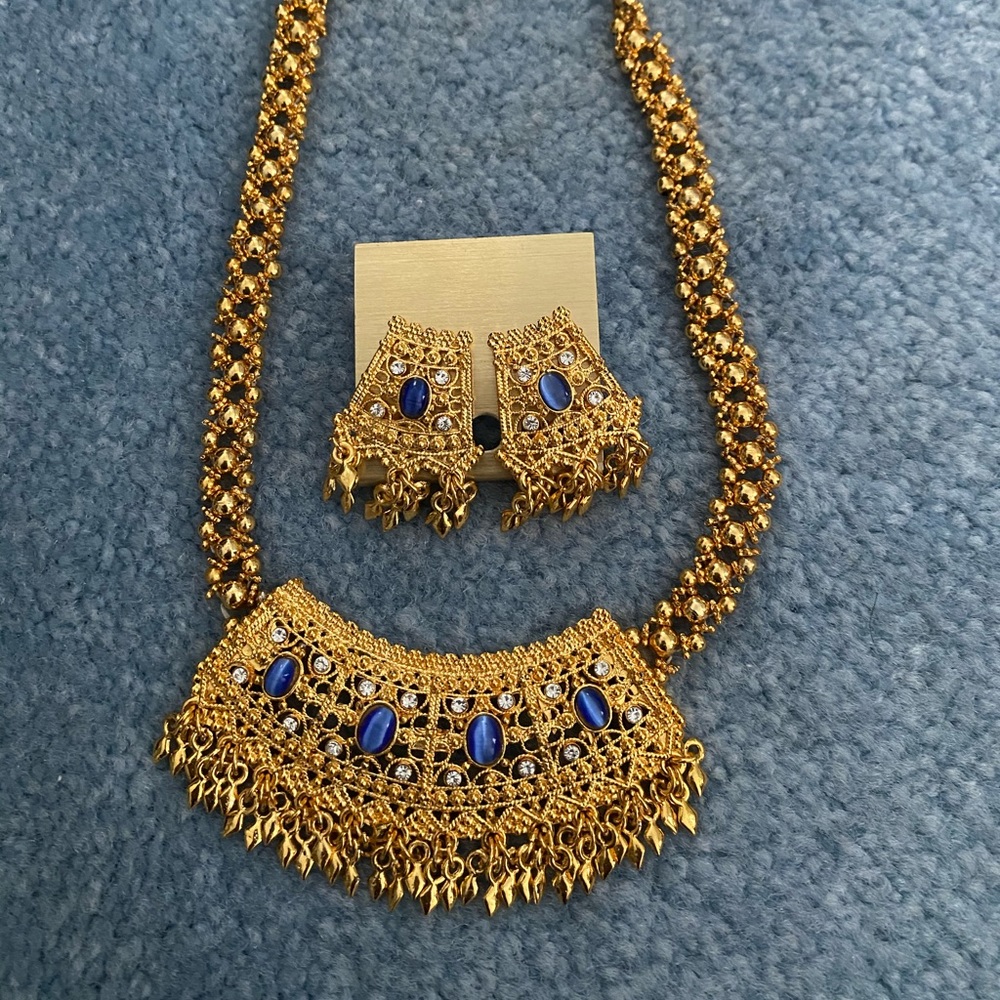 Gold, Diamond, & Blue Stone Earrings and Necklace